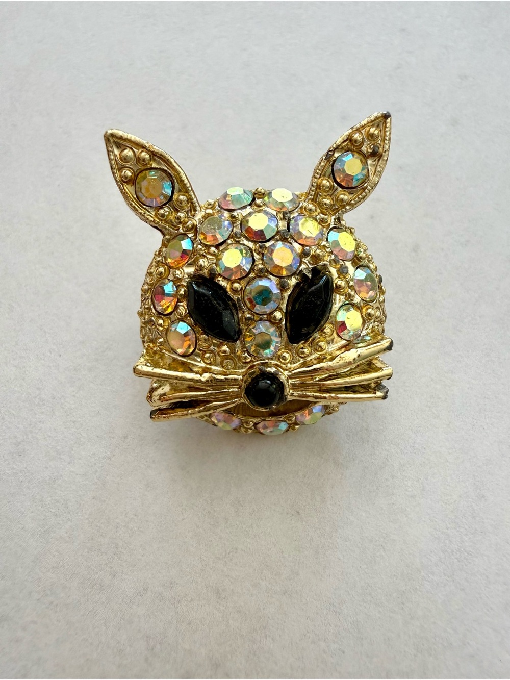 Vintage Gold Aurora Borealis Crystal Cat Brooch Pin
